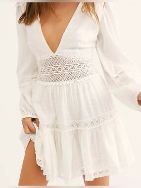 Free People White V-Neck Lace Waist Mini Dress